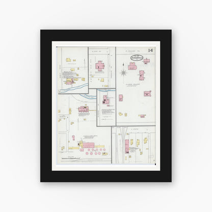 Old map wall art mockup — black gallery frame with white mat — Sanborn Fire Insurance Map from Jacksonville, Morgan County, Illinois (1892), Sheet #0014