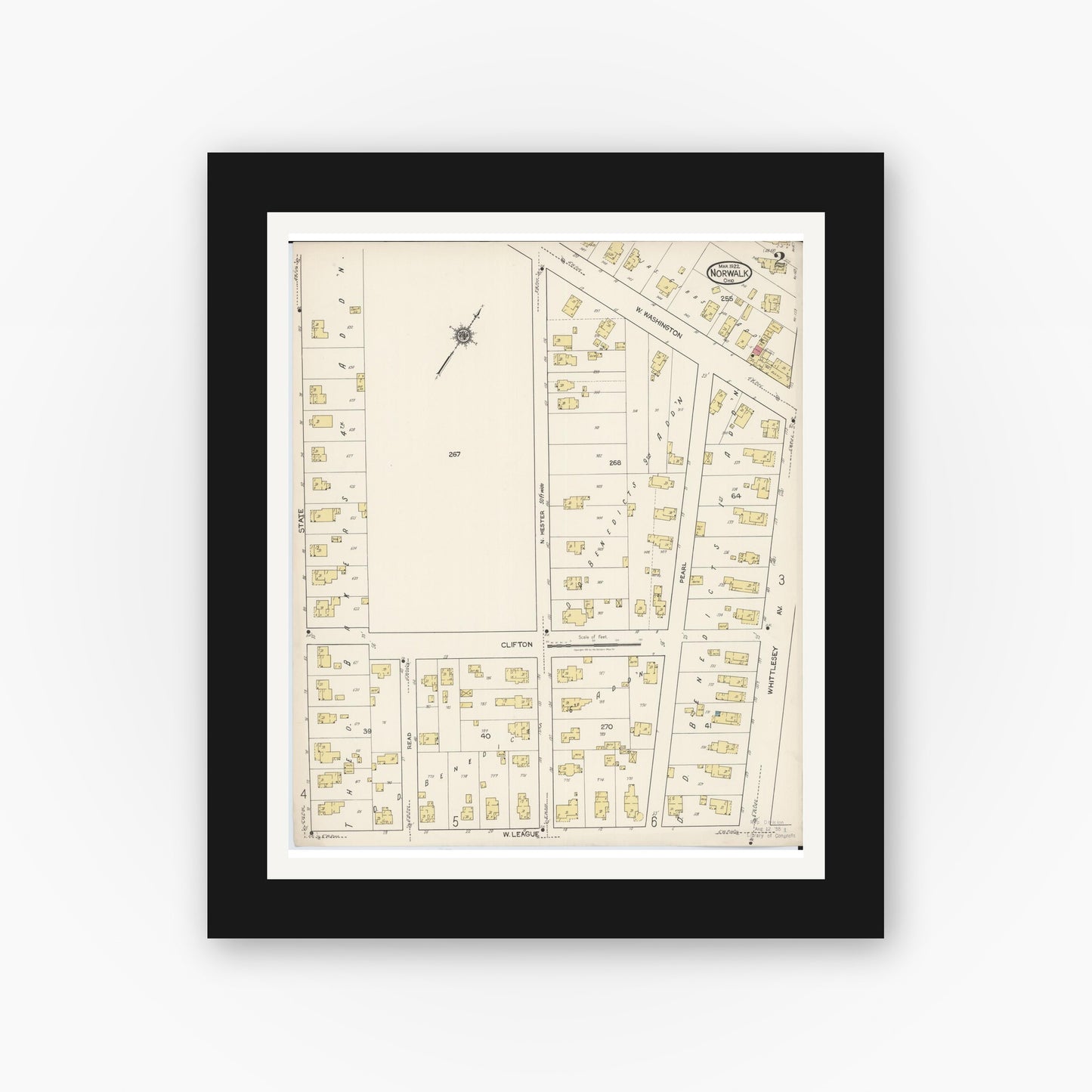 Old map wall art mockup — black gallery frame with white mat — Sanborn Fire Insurance Map from Norwalk, Huron County, Ohio (1922), Sheet #0002