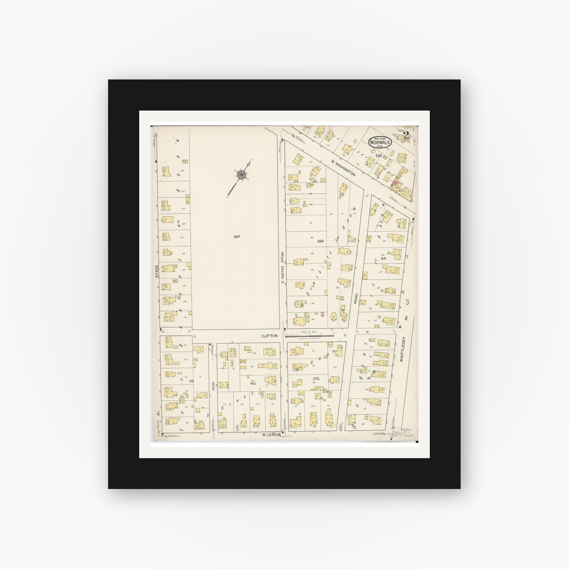 Old map wall art mockup — black gallery frame with white mat — Sanborn Fire Insurance Map from Norwalk, Huron County, Ohio (1922), Sheet #0002