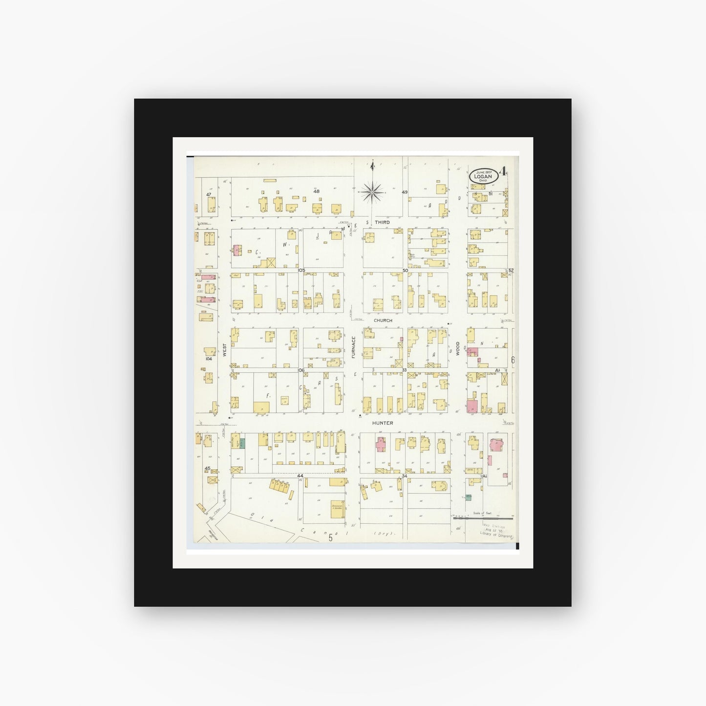 Old map wall art mockup — black gallery frame with white mat — Sanborn Fire Insurance Map from Logan, Hocking County, Ohio (1907), Sheet #0004