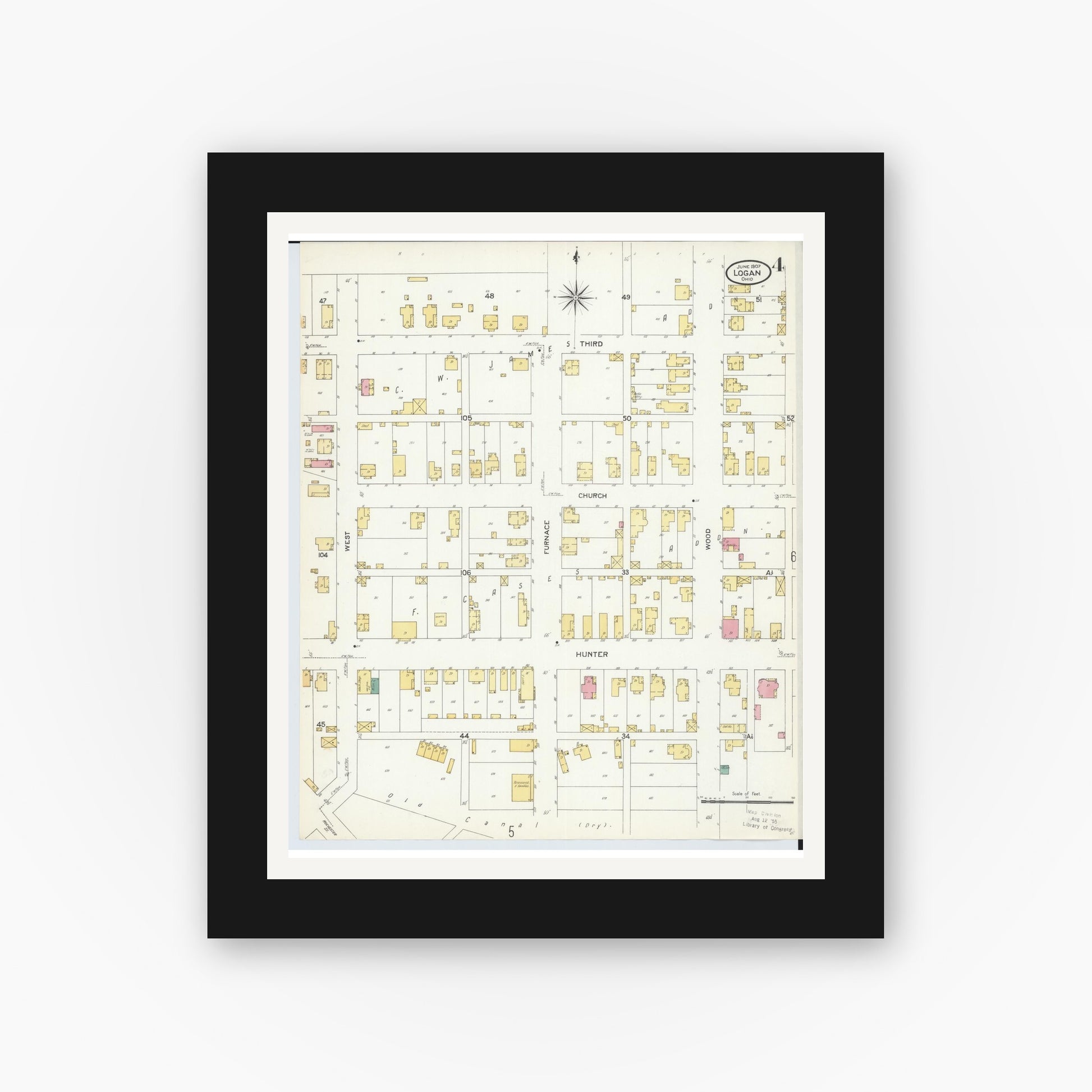 Old map wall art mockup — black gallery frame with white mat — Sanborn Fire Insurance Map from Logan, Hocking County, Ohio (1907), Sheet #0004