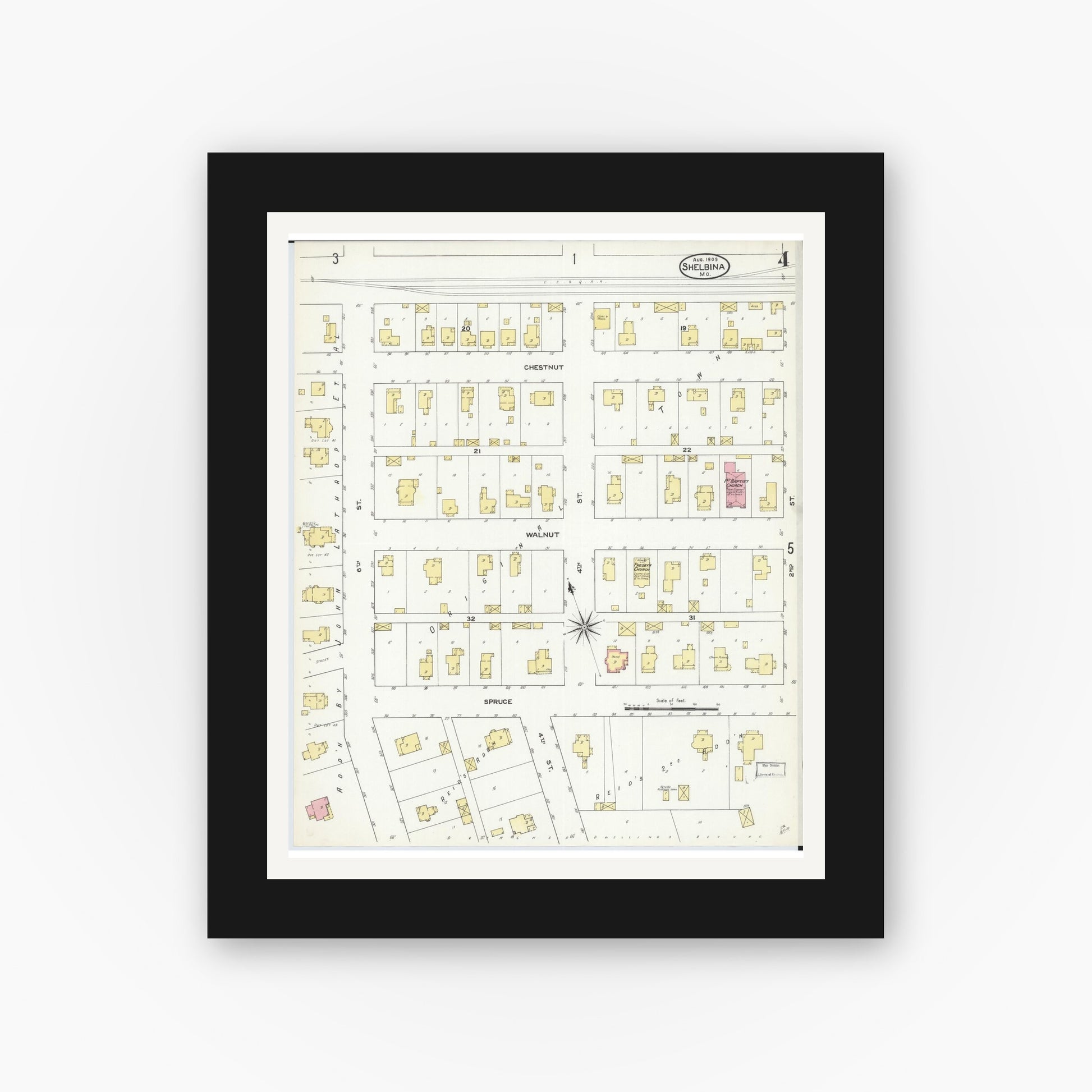 Old map wall art mockup — black gallery frame with white mat — Sanborn Fire Insurance Map from Shelbina, Shelby County, Missouri (1909), Sheet #0004