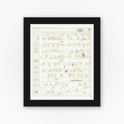 Old map wall art mockup — black gallery frame with white mat — Sanborn Fire Insurance Map from Shelbina, Shelby County, Missouri (1909), Sheet #0004