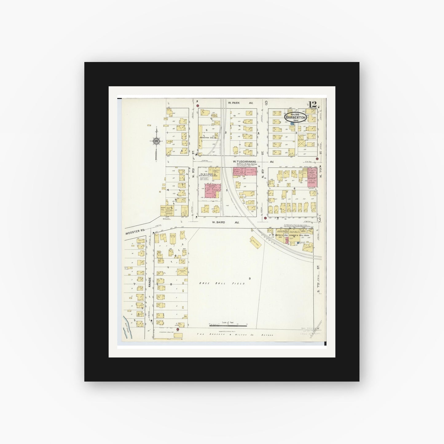 Old map wall art mockup — black gallery frame with white mat — Sanborn Fire Insurance Map from Barberton, Summit County, Ohio (1916), Sheet #0012