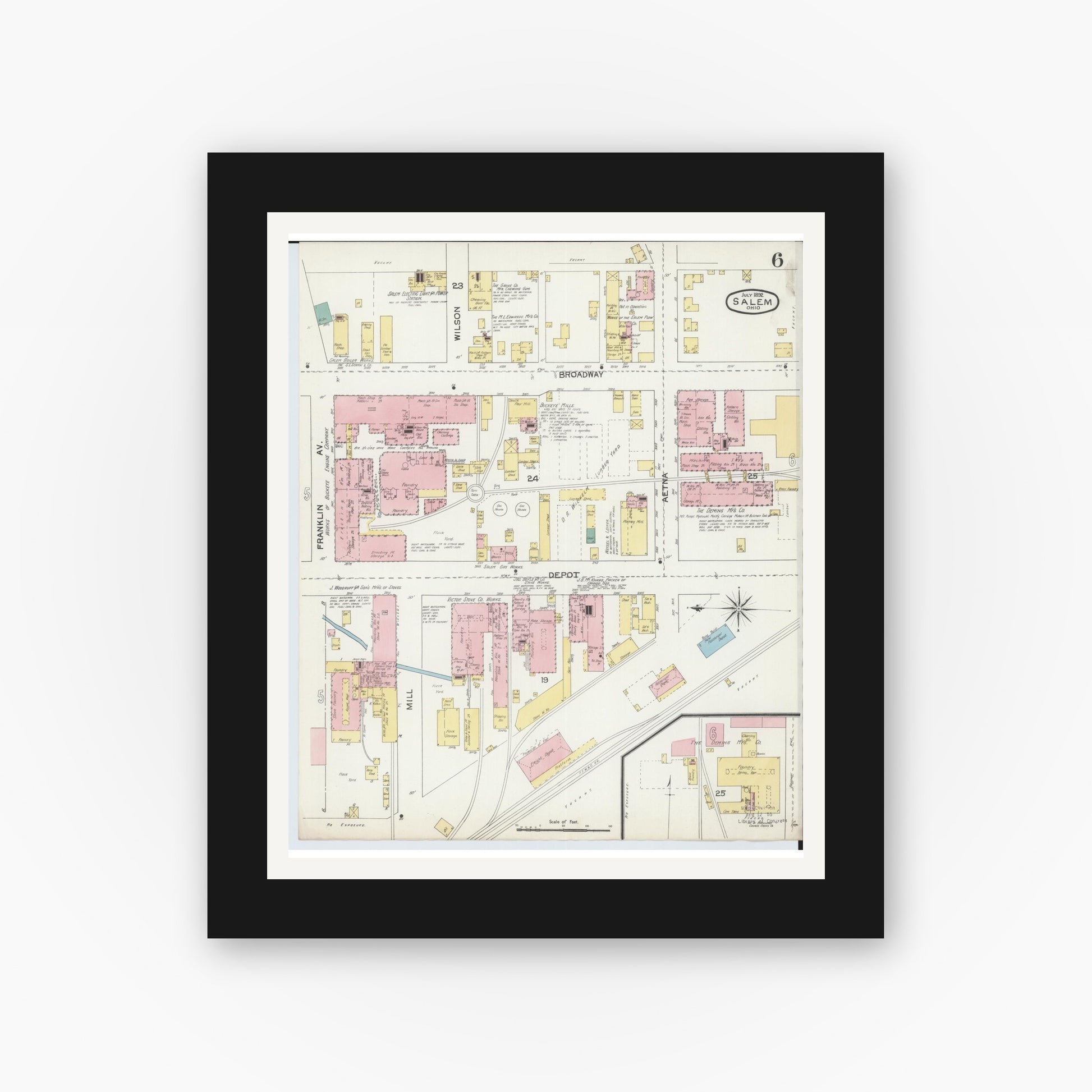 Old map wall art mockup — black gallery frame with white mat — Sanborn Fire Insurance Map from Salem, Columbiana County, Ohio (1892), Sheet #0006