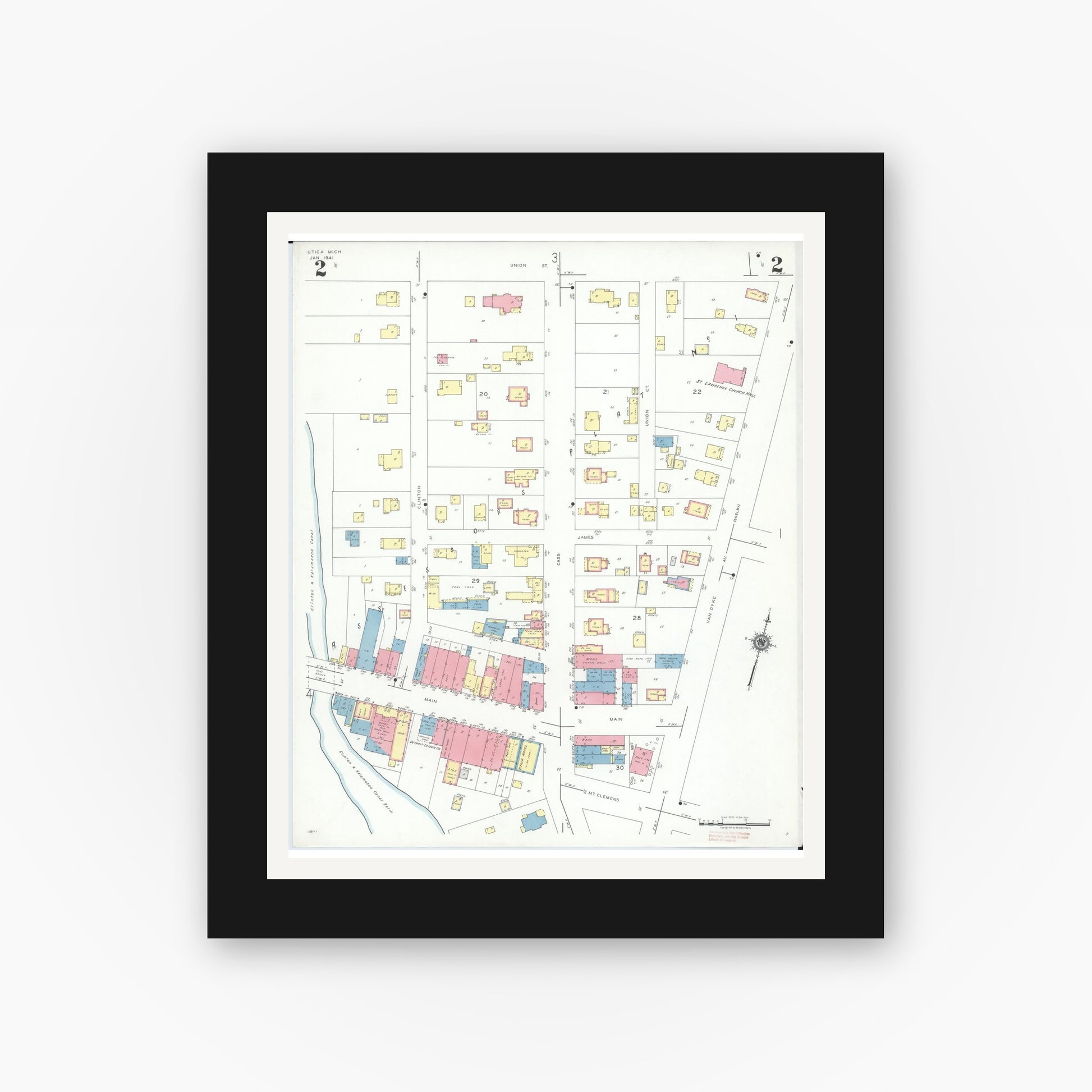 Old map wall art mockup — black gallery frame with white mat — Sanborn Fire Insurance Map from Utica, Macomb County, Michigan (1941), Sheet #0002