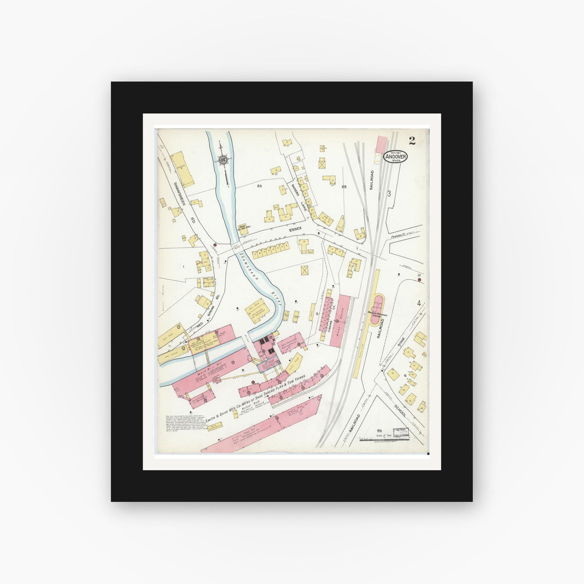Old map wall art mockup — black gallery frame with white mat — Sanborn Fire Insurance Map from Andover, Essex County, Massachusetts (1917), Sheet #0002