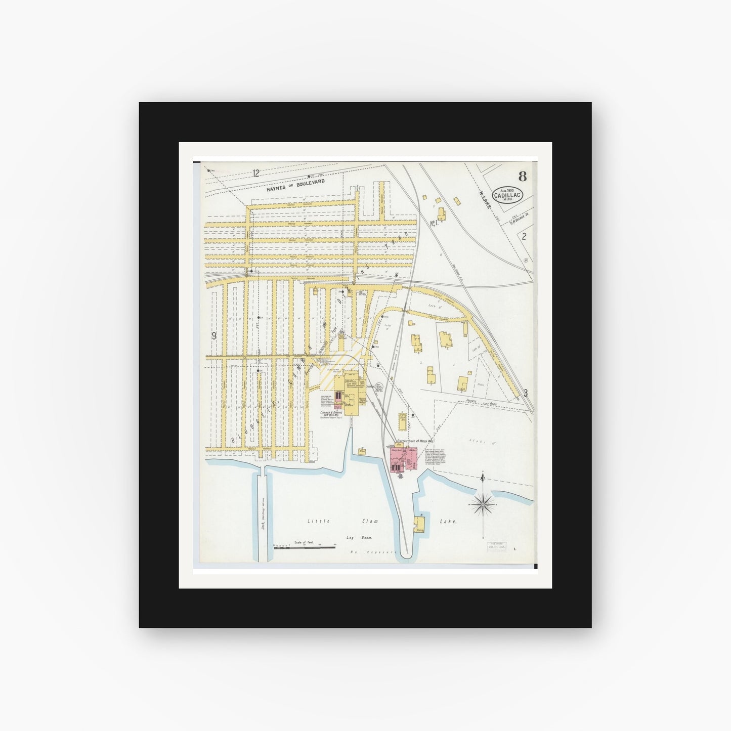 Old map wall art mockup — black gallery frame with white mat — Sanborn Fire Insurance Map from Cadillac, Wexford County, Michigan (1900), Sheet #0008