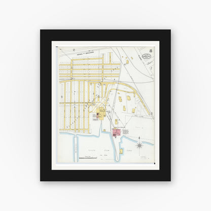 Old map wall art mockup — black gallery frame with white mat — Sanborn Fire Insurance Map from Cadillac, Wexford County, Michigan (1900), Sheet #0008