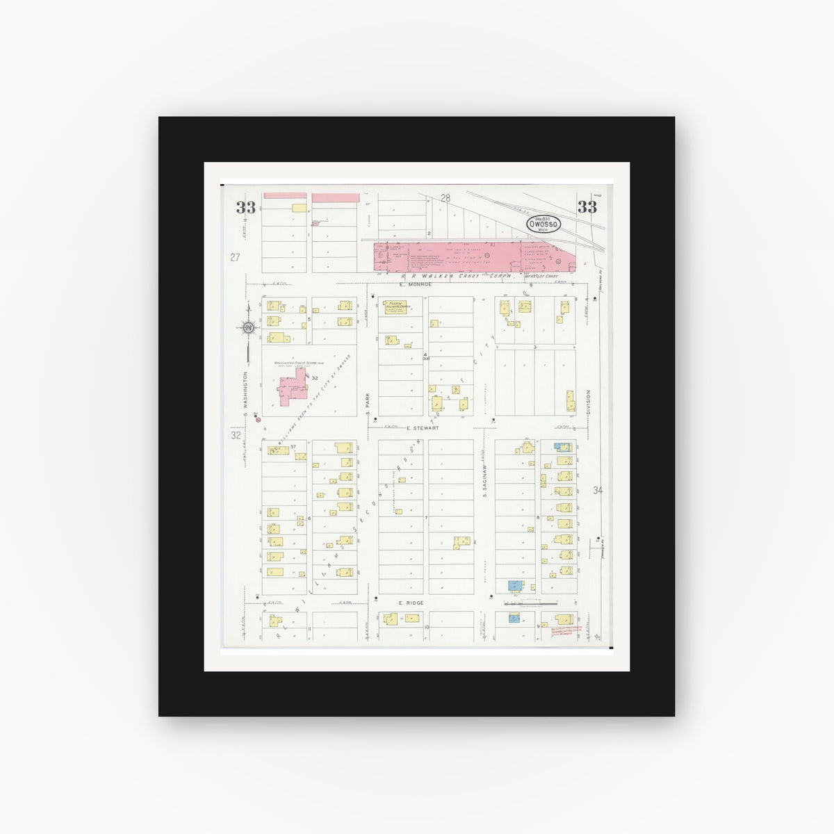 Old map wall art mockup — black gallery frame with white mat — Sanborn Fire Insurance Map from Owosso, Shiawassee County, Michigan (1930), Sheet #0033