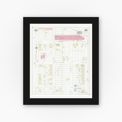 Old map wall art mockup — black gallery frame with white mat — Sanborn Fire Insurance Map from Owosso, Shiawassee County, Michigan (1930), Sheet #0033