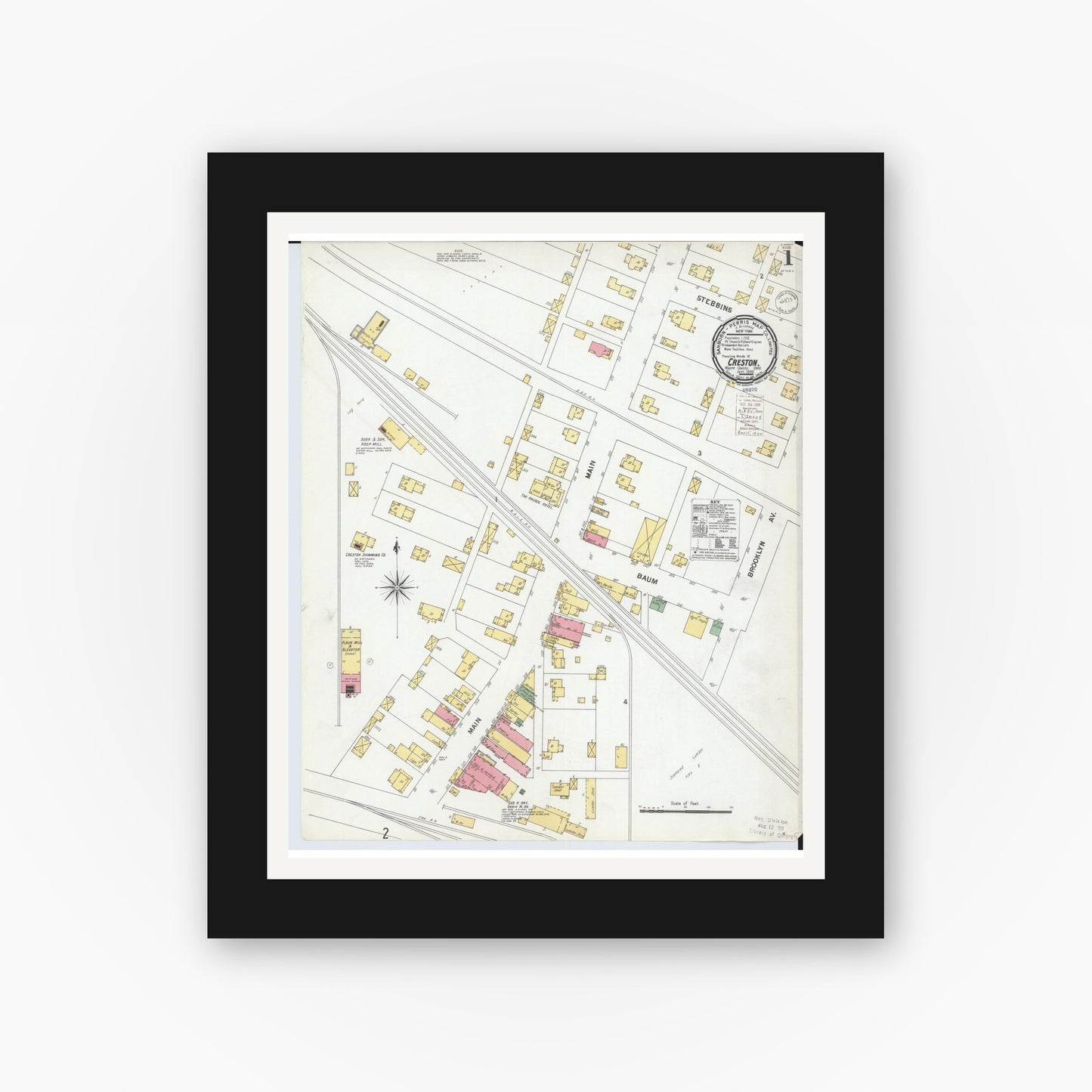 Old map wall art mockup — black gallery frame with white mat — Sanborn Fire Insurance Map from Creston, Wayne County, Ohio (1900) - Complete Map Set