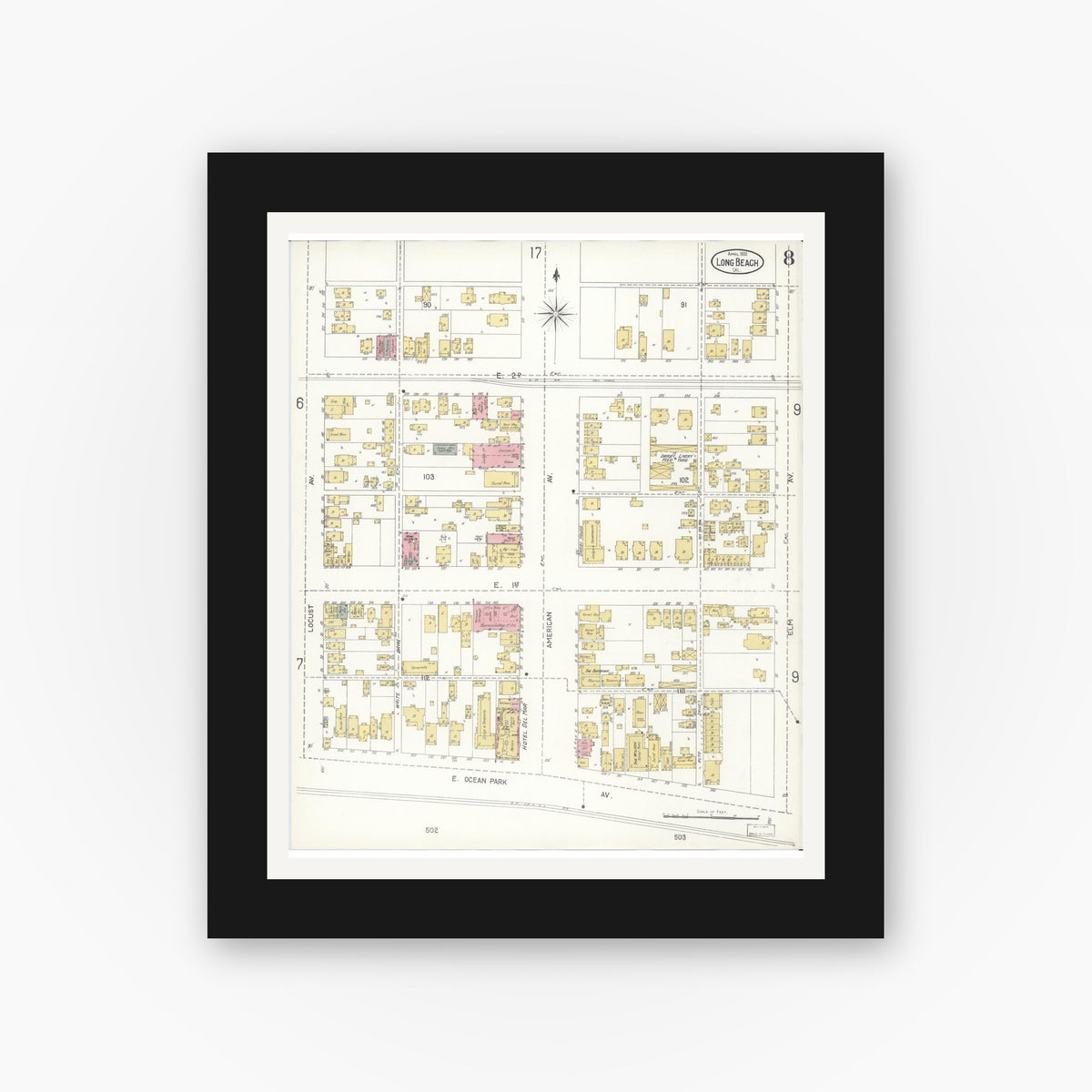 Old map wall art mockup — black gallery frame with white mat — Sanborn Fire Insurance Map from Long Beach, Los Angeles County, California (1905), Sheet #0008