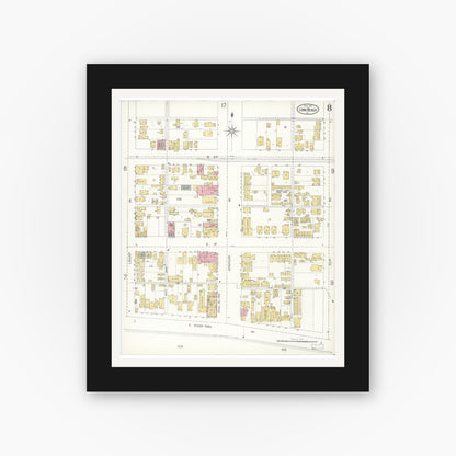 Old map wall art mockup — black gallery frame with white mat — Sanborn Fire Insurance Map from Long Beach, Los Angeles County, California (1905), Sheet #0008