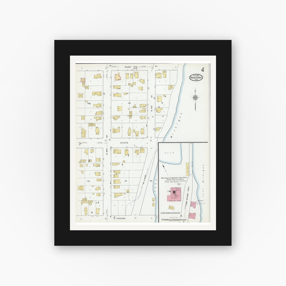 Old map wall art mockup — black gallery frame with white mat — Sanborn Fire Insurance Map from Manitowoc, Manitowoc County, Wisconsin (1919), Sheet #0004