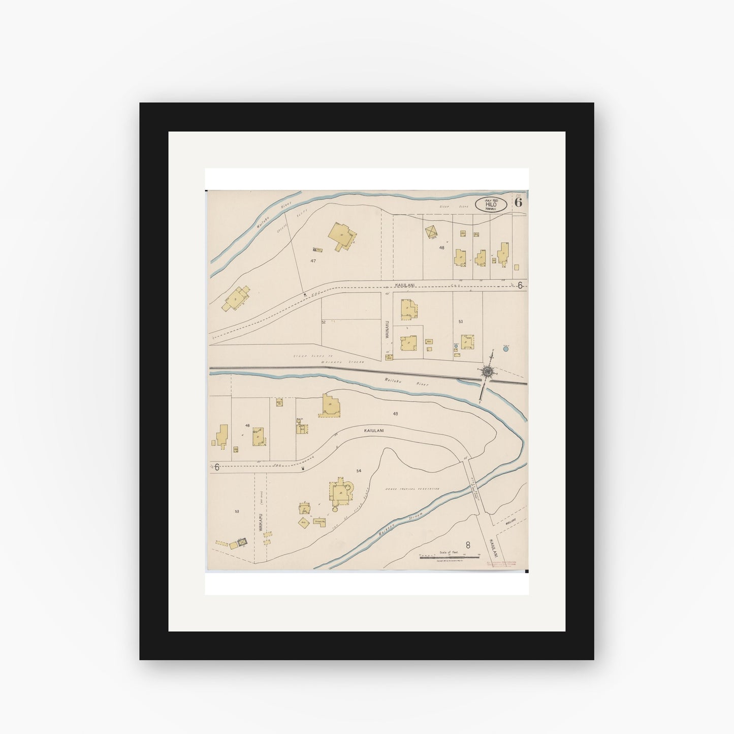 Old map wall art mockup — black gallery frame with white mat — Sanborn Fire Insurance Map from Hilo, Hawaii County, Hawaii (1921), Sheet #0006