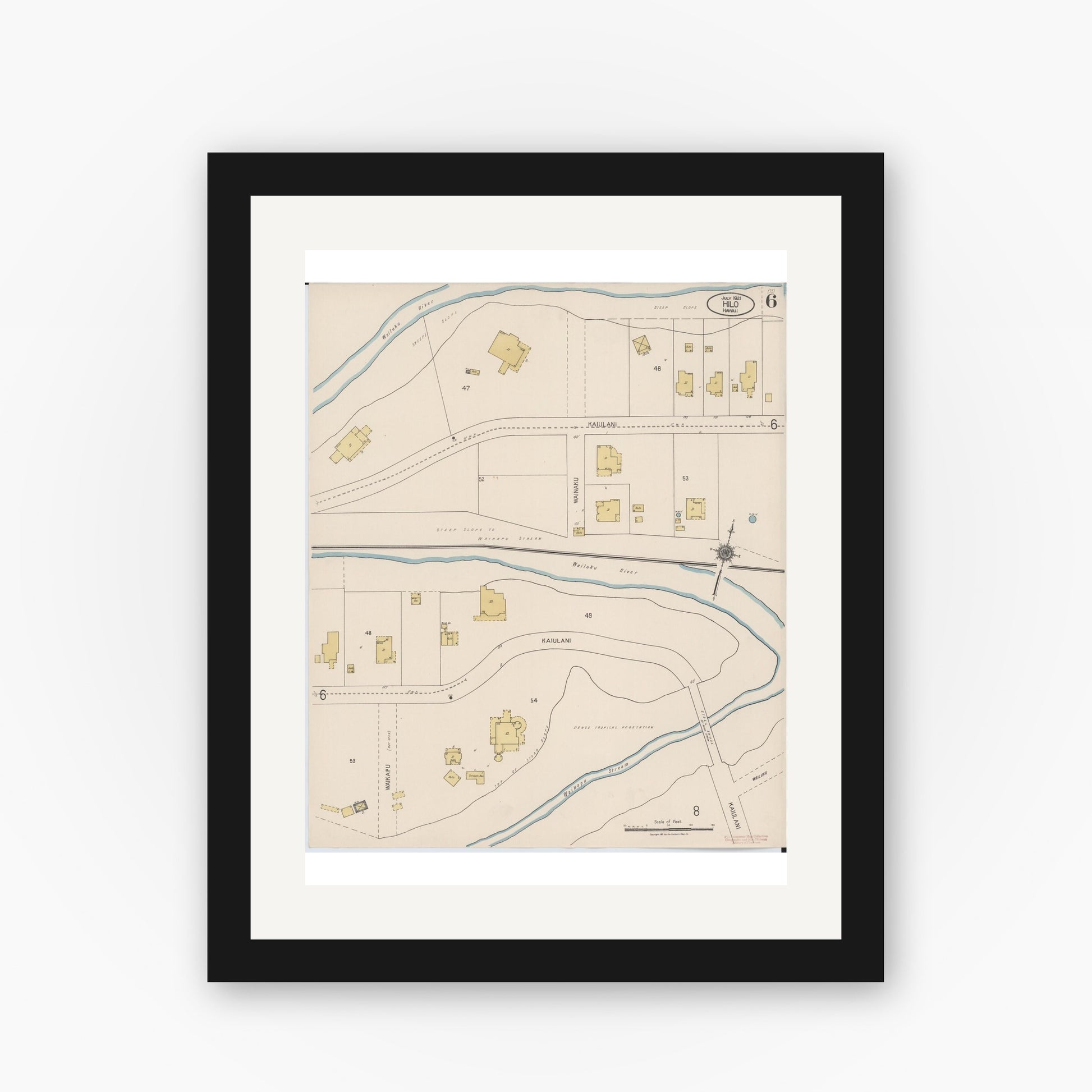 Old map wall art mockup — black gallery frame with white mat — Sanborn Fire Insurance Map from Hilo, Hawaii County, Hawaii (1921), Sheet #0006