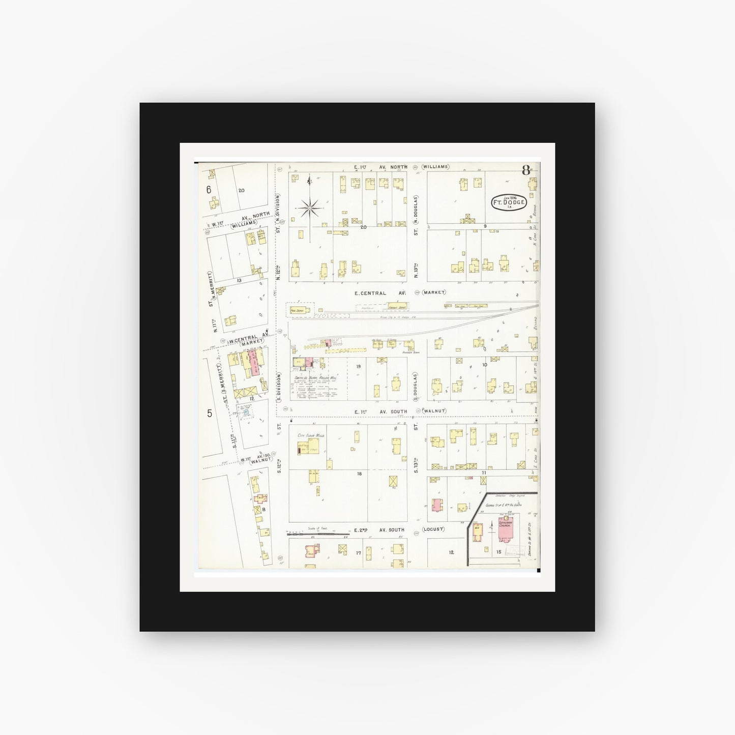 Old map wall art mockup — black gallery frame with white mat — Sanborn Fire Insurance Map from Fort Dodge, Webster County, Iowa (1896), Sheet #0008