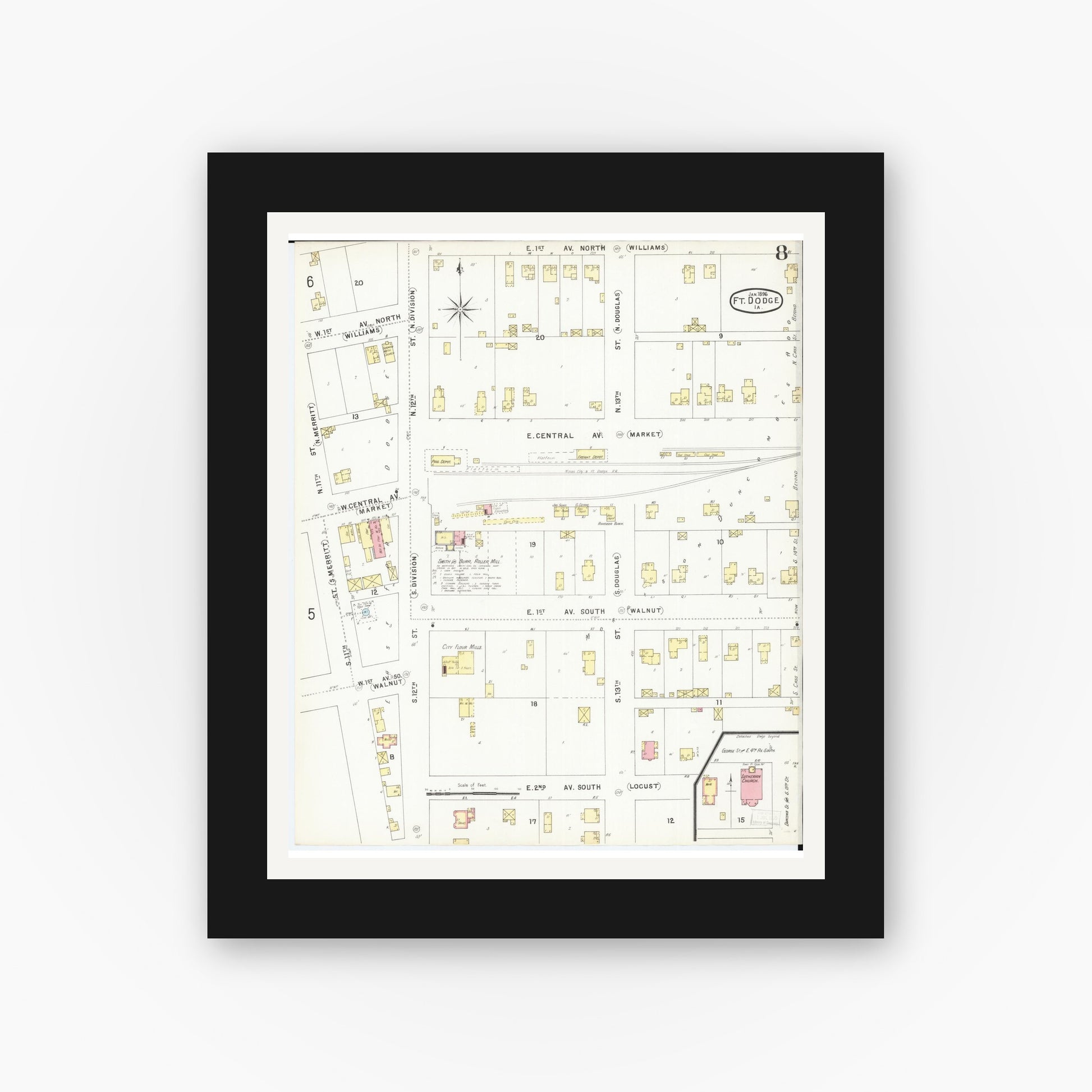 Old map wall art mockup — black gallery frame with white mat — Sanborn Fire Insurance Map from Fort Dodge, Webster County, Iowa (1896), Sheet #0008