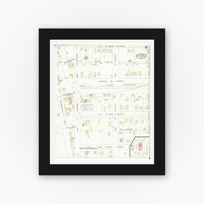 Old map wall art mockup — black gallery frame with white mat — Sanborn Fire Insurance Map from Fort Dodge, Webster County, Iowa (1896), Sheet #0008