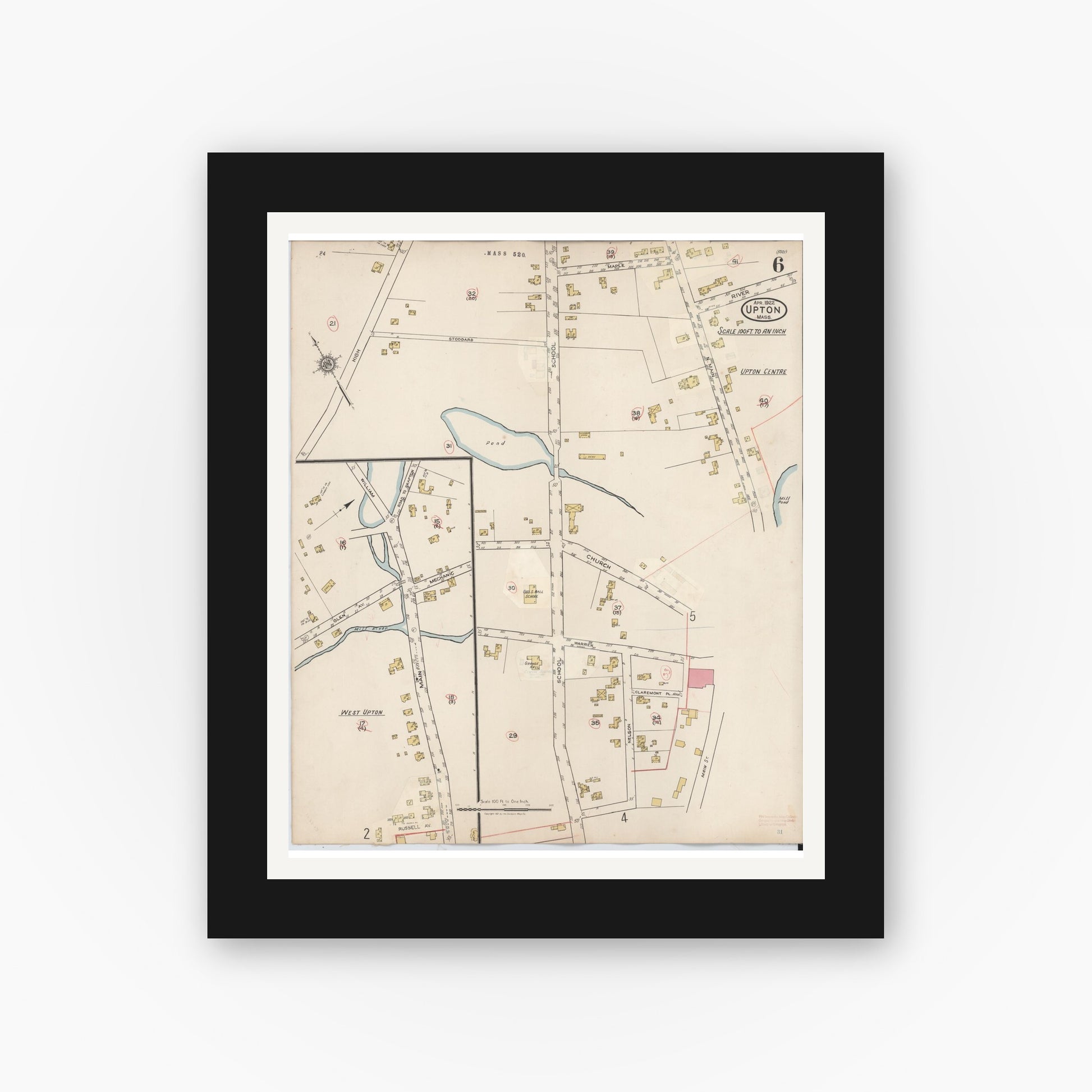 Old map wall art mockup — black gallery frame with white mat — Sanborn Fire Insurance Map from Upton, Worcester County, Massachusetts (1945), Sheet #0006
