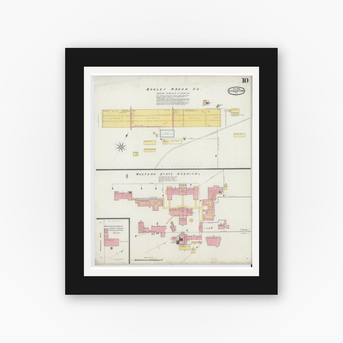 Old map wall art mockup — black gallery frame with white mat — Sanborn Fire Insurance Map from Staunton, Independent Cities, Virginia (1894), Sheet #0010
