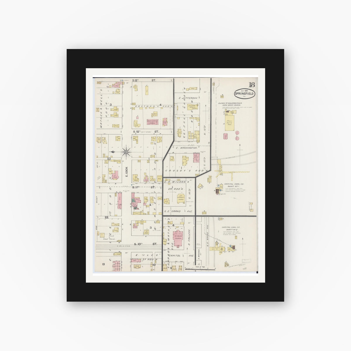 Old map wall art mockup — black gallery frame with white mat — Sanborn Fire Insurance Map from Springfield, Sangamon County, Illinois (1890), Sheet #0018