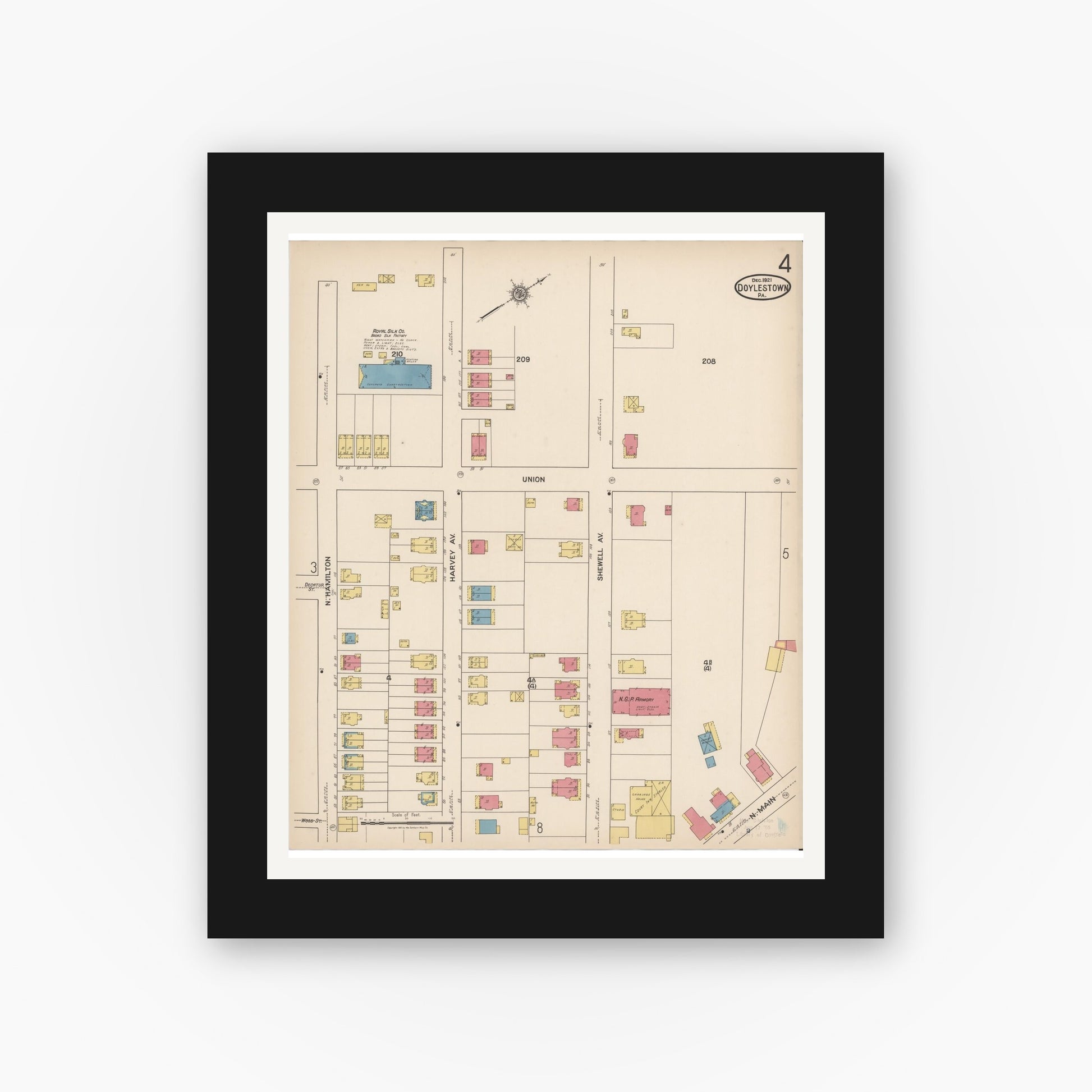 Old map wall art mockup — black gallery frame with white mat — Sanborn Fire Insurance Map from Doylestown, Bucks County, Pennsylvania (1922), Sheet #0004