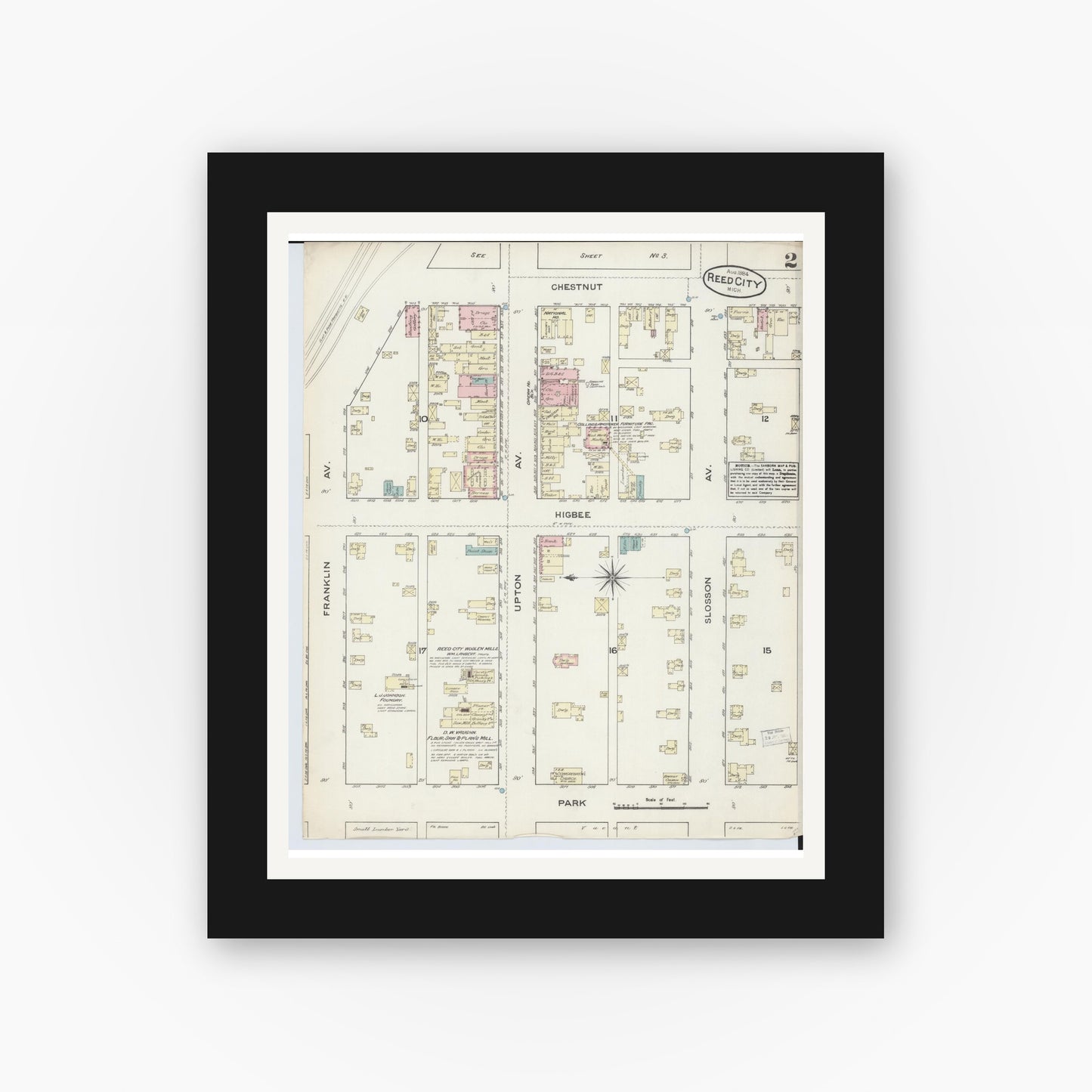 Old map wall art mockup — black gallery frame with white mat — Sanborn Fire Insurance Map from Reed City, Osceola County, Michigan (1884), Sheet #0002