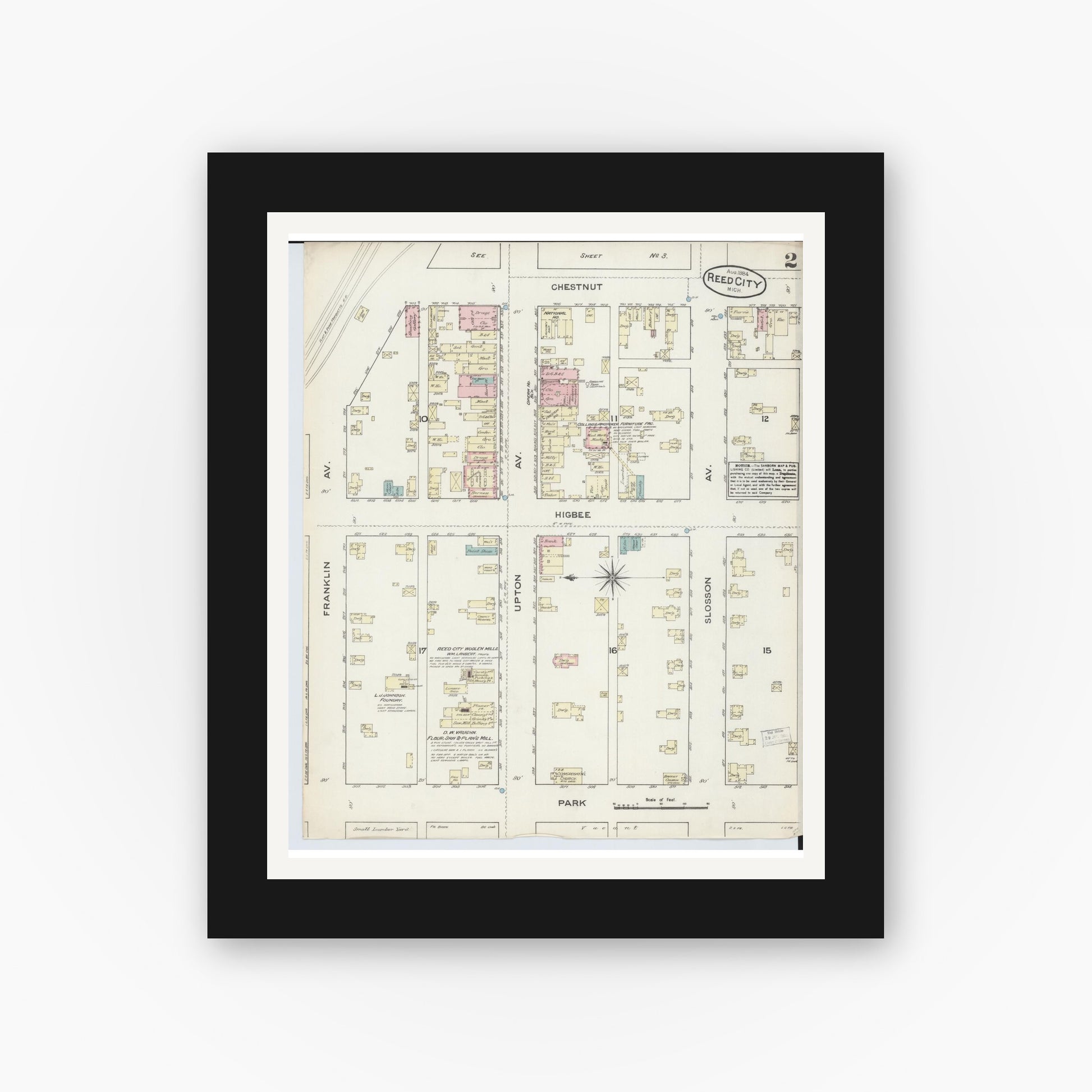 Old map wall art mockup — black gallery frame with white mat — Sanborn Fire Insurance Map from Reed City, Osceola County, Michigan (1884), Sheet #0002