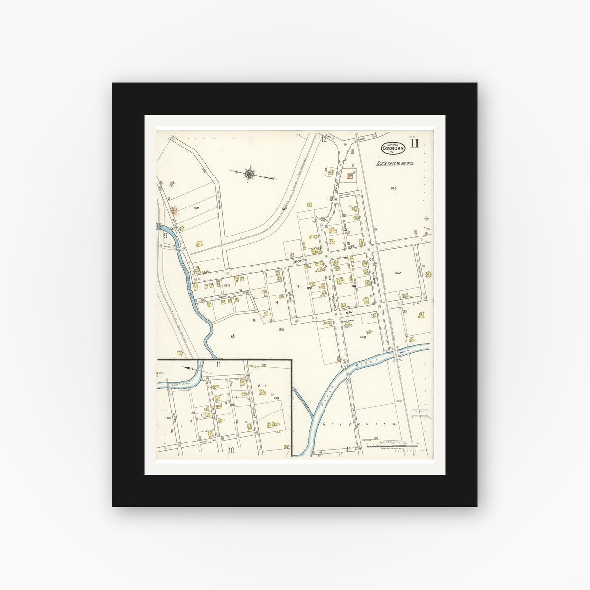 Old map wall art mockup — black gallery frame with white mat — Sanborn Fire Insurance Map from Coeburn, Wise County, Virginia (1922), Sheet #0011