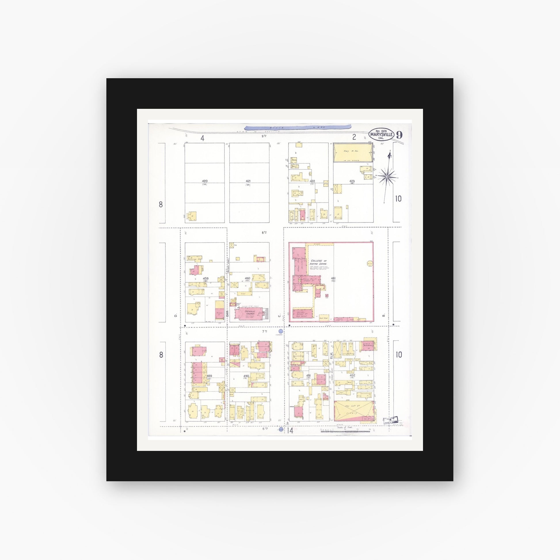 Old map wall art mockup — black gallery frame with white mat — Sanborn Fire Insurance Map from Marysville, Yuba County, California (1909), Sheet #0009