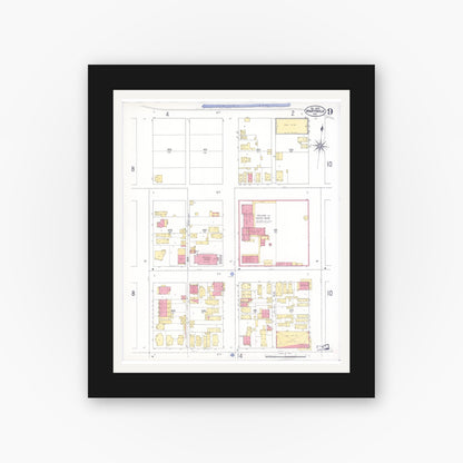 Old map wall art mockup — black gallery frame with white mat — Sanborn Fire Insurance Map from Marysville, Yuba County, California (1909), Sheet #0009