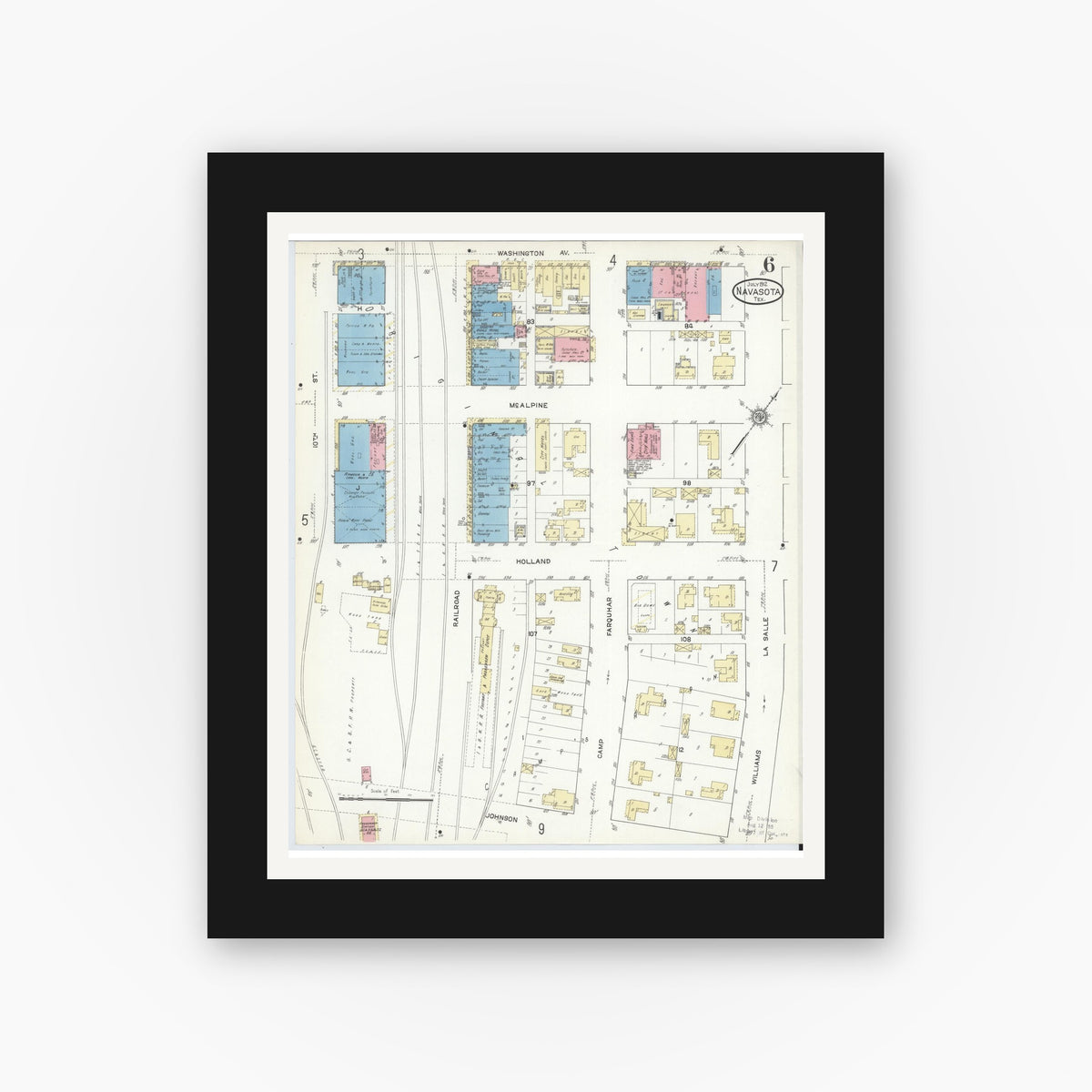 Old map wall art mockup — black gallery frame with white mat — Sanborn Fire Insurance Map from Navasota, Grimes County, Texas (1912), Sheet #0006