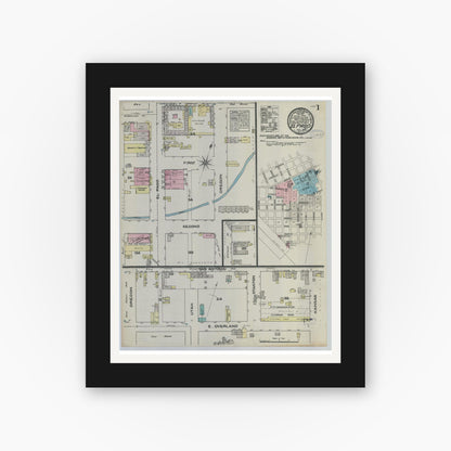 Old map wall art mockup — black gallery frame with white mat — Sanborn Fire Insurance Map from El Paso, El Paso County, Texas (1883) - Complete Map Set