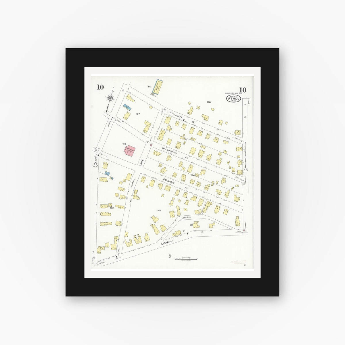 Old map wall art mockup — black gallery frame with white mat — Sanborn Fire Insurance Map from Athol, Worcester County, Massachusetts (1936), Sheet #0010