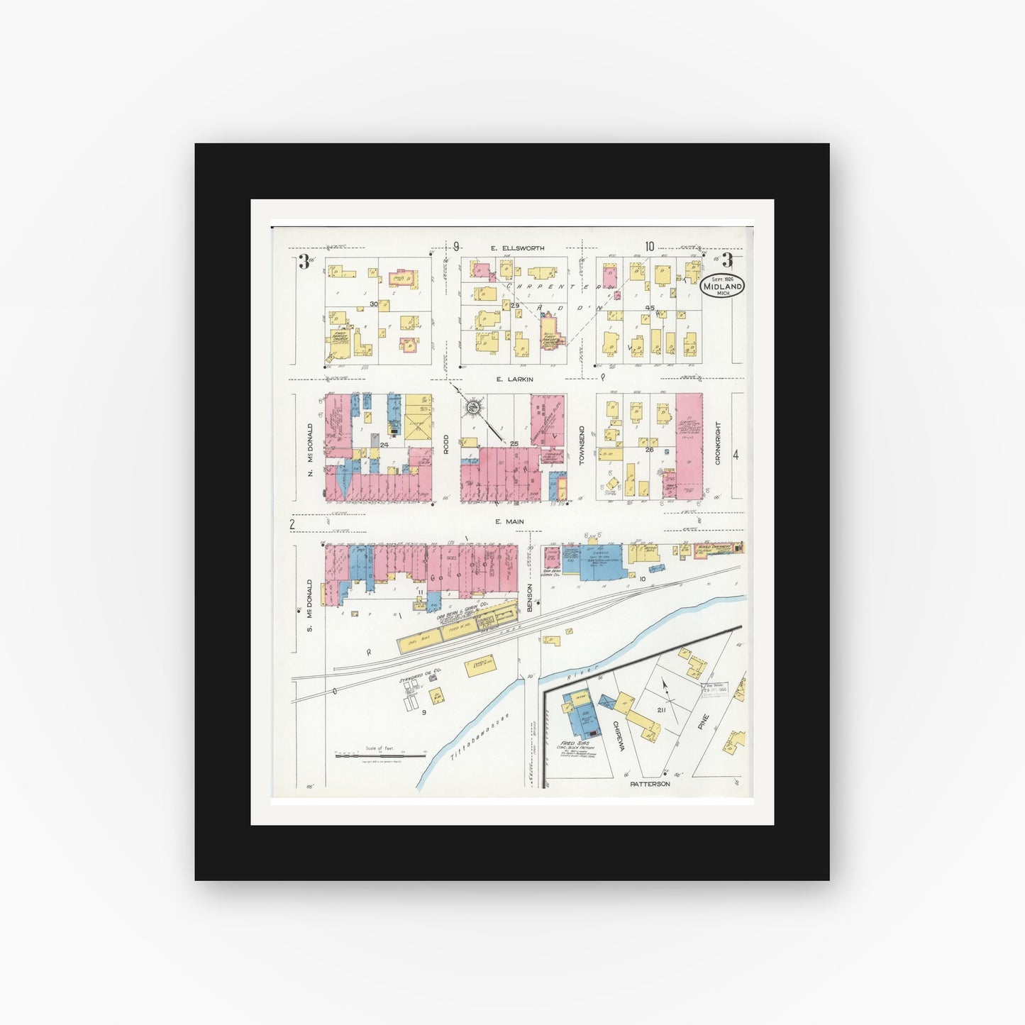 Old map wall art mockup — black gallery frame with white mat — Sanborn Fire Insurance Map from Midland, Midland County, Michigan (1926), Sheet #0003