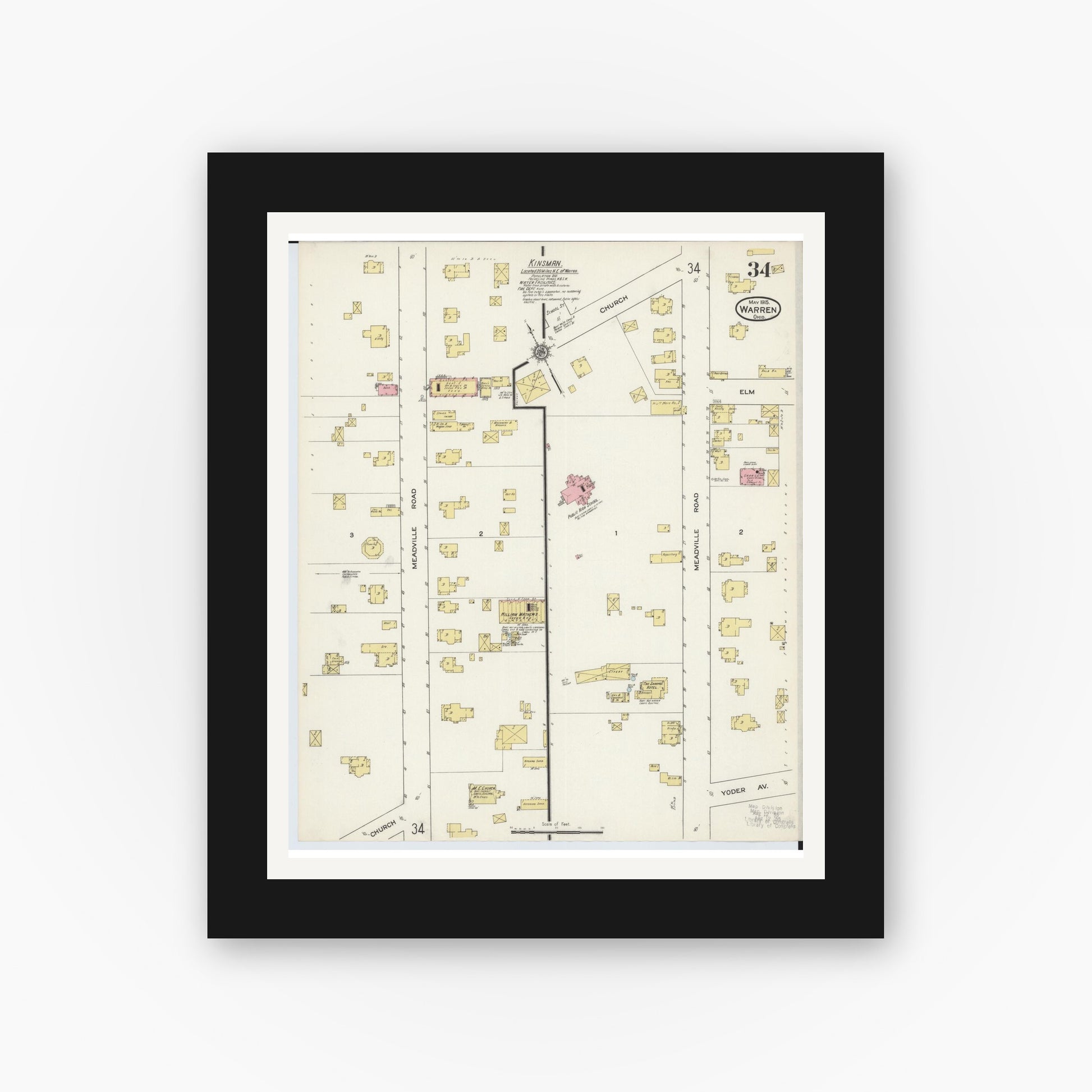 Old map wall art mockup — black gallery frame with white mat — Sanborn Fire Insurance Map from Warren, Trumbull County, Ohio (1915), Sheet #0034