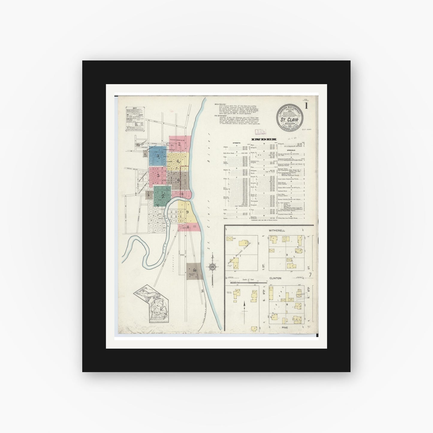 Old map wall art mockup — black gallery frame with white mat — Sanborn Fire Insurance Map from Saint Clair, Saint Clair County, Michigan (1913) - Complete Map Set
