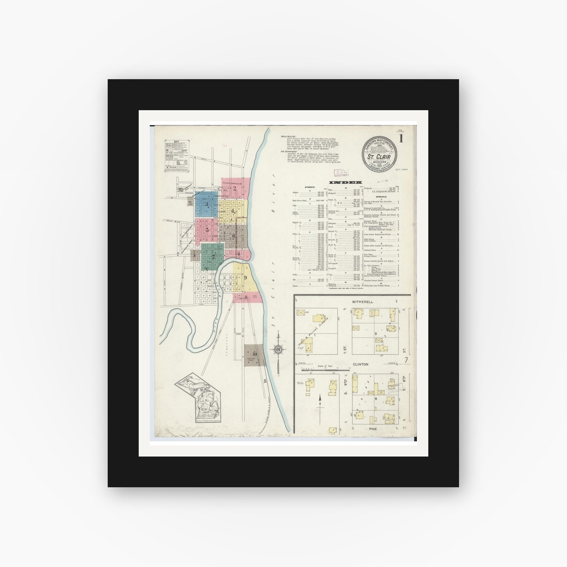 Old map wall art mockup — black gallery frame with white mat — Sanborn Fire Insurance Map from Saint Clair, Saint Clair County, Michigan (1913) - Complete Map Set