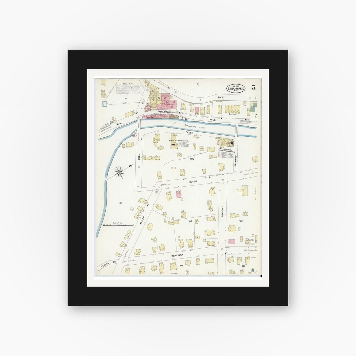 Old map wall art mockup — black gallery frame with white mat — Sanborn Fire Insurance Map from Canajoharie, Montgomery County, New York (1908), Sheet #0005