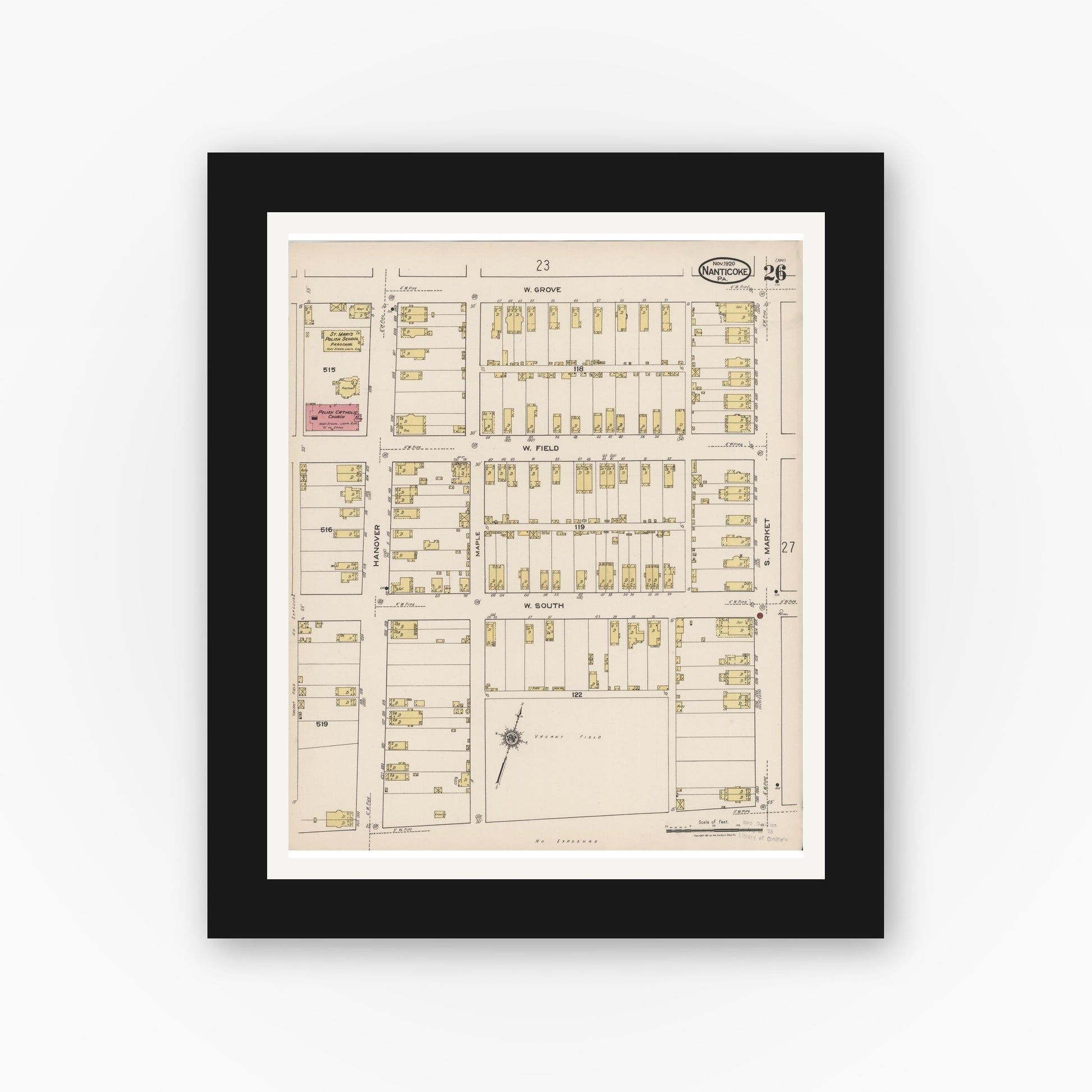 Old map wall art mockup — black gallery frame with white mat — Sanborn Fire Insurance Map from Nanticoke, Luzerne County, Pennsylvania (1920), Sheet #0026