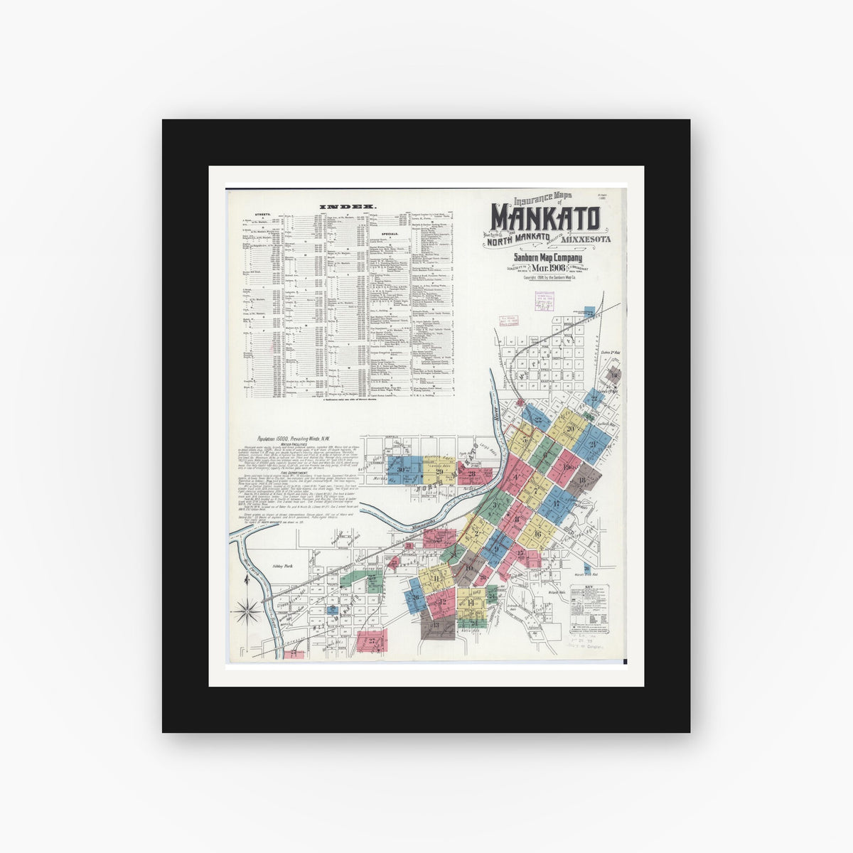 Old map wall art mockup — black gallery frame with white mat — Sanborn Fire Insurance Map from Mankato, Blue Earth County, Minnesota (1908) - Complete Map Set