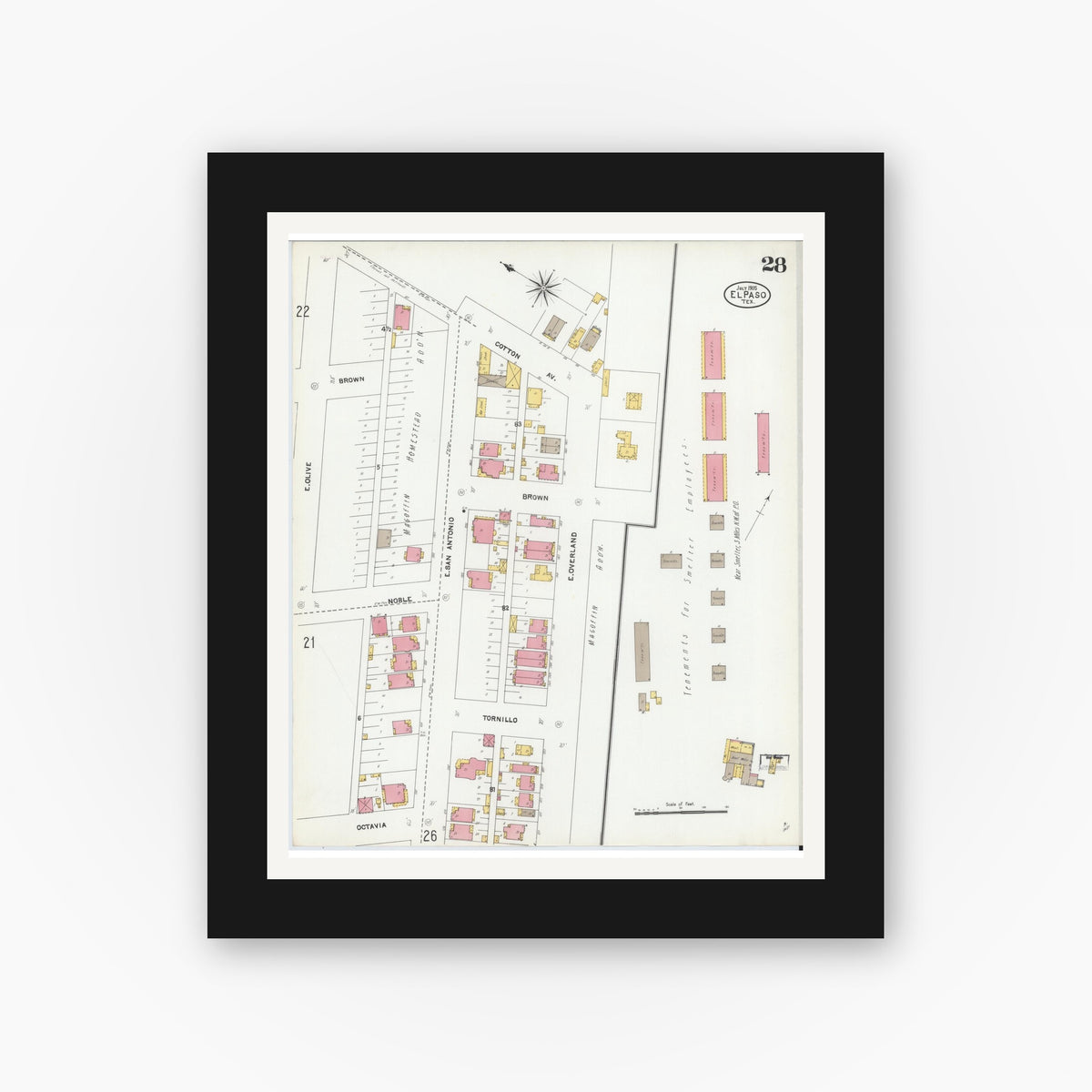 Old map wall art mockup — black gallery frame with white mat — Sanborn Fire Insurance Map from El Paso, El Paso County, Texas (1905), Sheet #0028