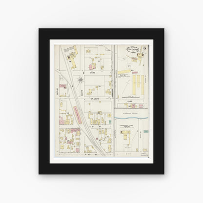 Old map wall art mockup — black gallery frame with white mat — Sanborn Fire Insurance Map from Vincennes, Knox County, Indiana (1887), Sheet #0006