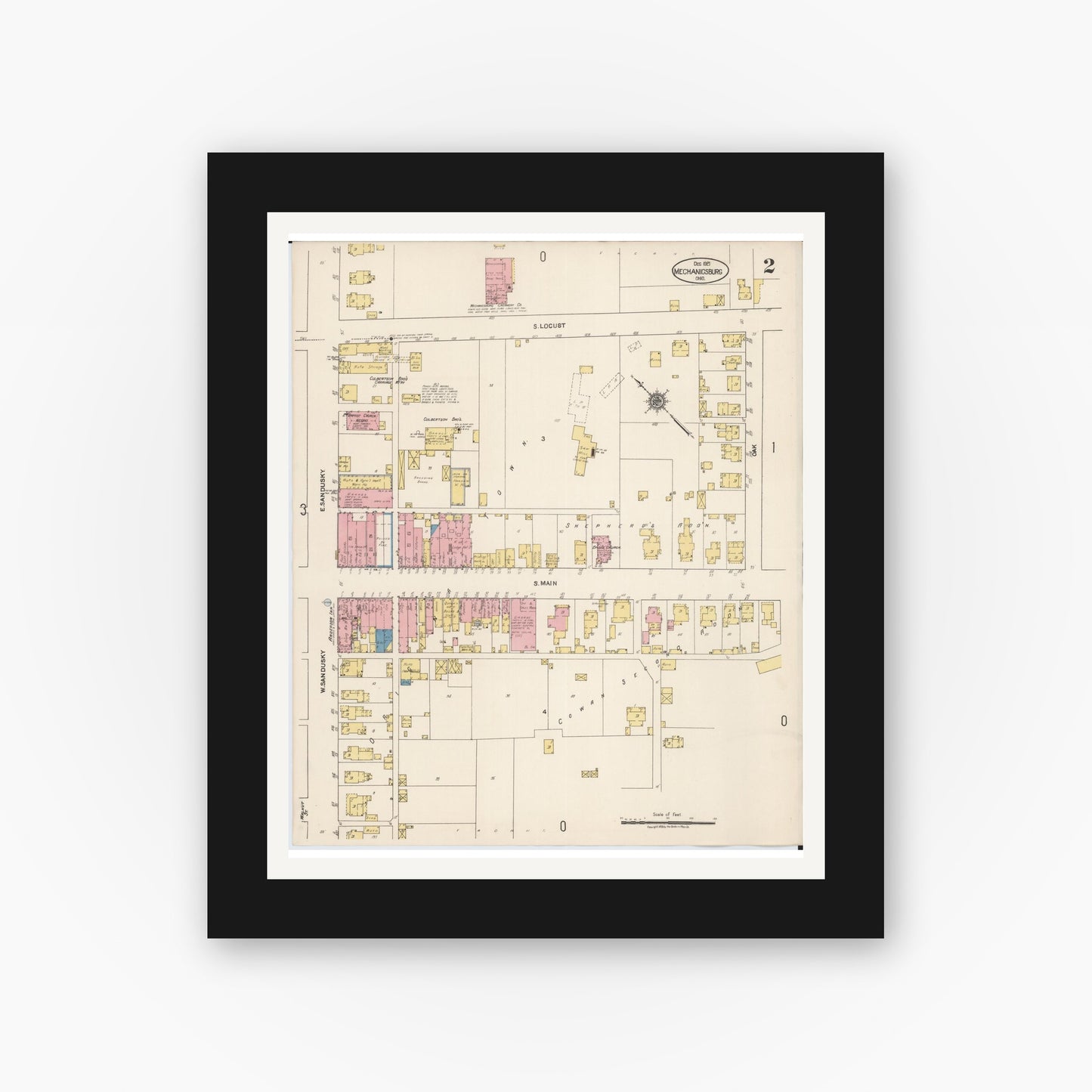 Old map wall art mockup — black gallery frame with white mat — Sanborn Fire Insurance Map from Mechanicsburg, Champaign County, Ohio (1921), Sheet #0002