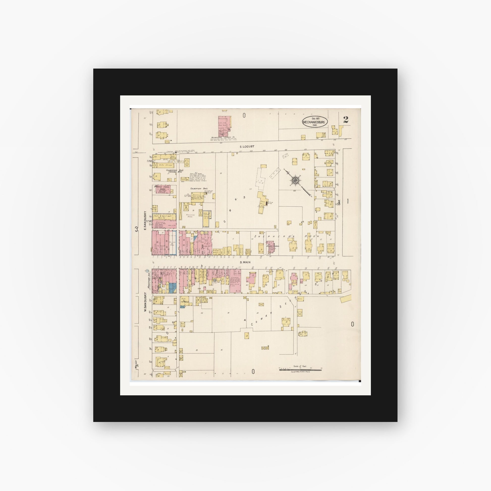 Old map wall art mockup — black gallery frame with white mat — Sanborn Fire Insurance Map from Mechanicsburg, Champaign County, Ohio (1921), Sheet #0002
