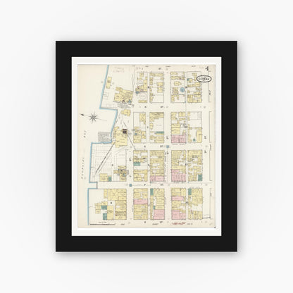 Old map wall art mockup — black gallery frame with white mat — Sanborn Fire Insurance Map from Eureka, Humboldt County, California (1889), Sheet #0004
