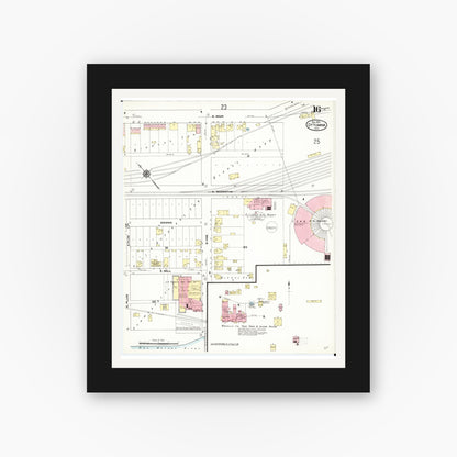 Old map wall art mockup — black gallery frame with white mat — Sanborn Fire Insurance Map from Ottumwa, Wapello County, Iowa (1909), Sheet #0016