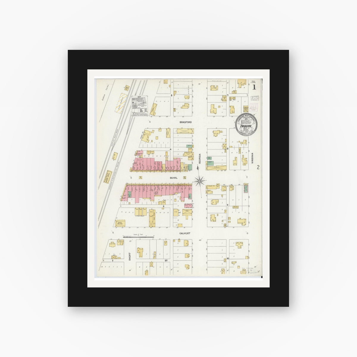 Old map wall art mockup — black gallery frame with white mat — Sanborn Fire Insurance Map from Troup, Smith County, Texas (1904) - Complete Map Set